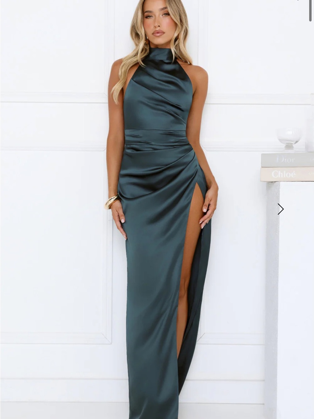 Hello Molly Satin Halter Gown in Deep Teal